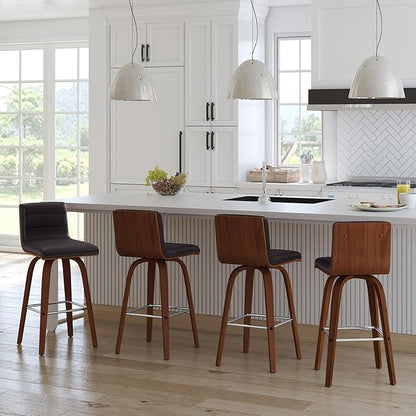 Armen Living Vienna 26" Swivel Counter Stool in Walnut Wood Finish with Brown Faux Leather - Set of 4