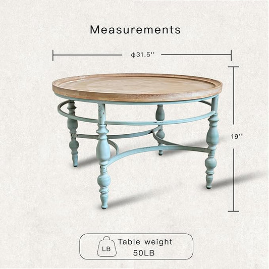 Rustic Farmhouse Round Coffee Table, French Country Vintage Center Table,φ31.5'' x18.9''H Rustic Solid Wood with Vintage Iron Legs, for Living Room, Bedroom,Dinning Room,Nature White