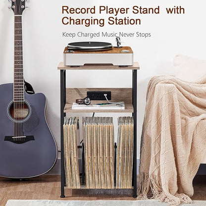 AMHANCIBLE Record Player Stand with Charging Station, Turntable Stand with Storage Cabinet, 3 Tier End Table Hold Up to 100 Albums, Record Stand for Vinyl, Living Room, Greige, HETCD01GY-1