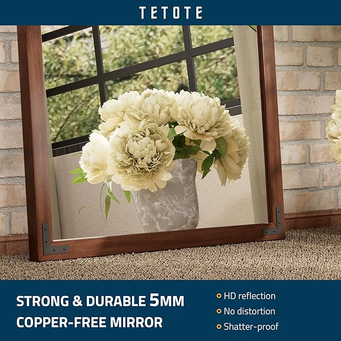 TETOTE 24 x 36 Walnut Wood Framed Mirror for Bathroom Wall/Bedroom/Living Room/Entryway Farmhouse Rustic Bathroom Vanity Mirror Waterproof (Horizontal/Vertical Mounted)