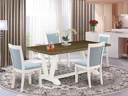 East West Furniture V077MZ015-5 5 Piece Dining Set Includes a Rectangle Dining Room Table with V-Legs and 4 Baby Blue Linen Fabric Upholstered Parson Chairs, 40x72 Inch, Multi-Color