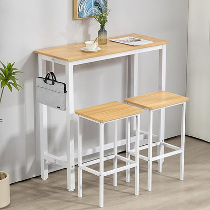 Finnhomy Bar Table Set, 39.3" Pub Table High Top Table, Rectangular Bar Height Table, Bar Table with Stools, Kitchen Table Set for 2, Breakfast for Kitchen, Living Room, Oak Beige and White