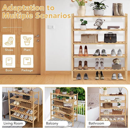 Haddockway 5 Tier Bamboo Shoe Rack Storage Organizer, Multifunctional Free Standing Stackable Shoe Shelf with Grid Panel for Closet,Hallway,Entryway,Small Space 27"x11"x32" (Natural, 5 Tier)
