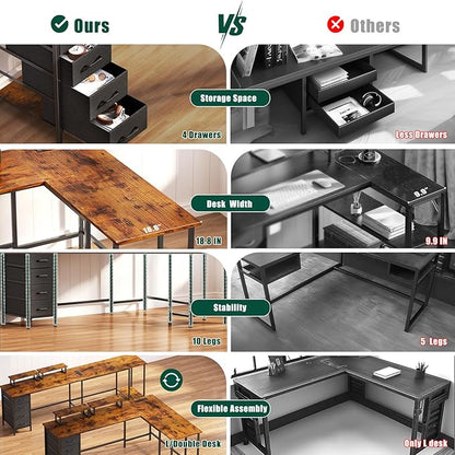 59 inch L Shaped Computer Desk with Power Outlets, Home Office Desk with 4 Adjustable Storage Drawers & 2 Monitor Stands, Two Person Gaming Table for Bedroom, Rustic Brown