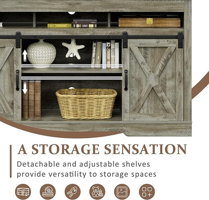 RoyalCraft Farmhouse TV Stand with Sliding Barn Door for TVs up to 65+ Inch, 34" Tall Entertainment Center, Wood Media Console Storage Cabinet for Bedroom, Living Room, Light Grey