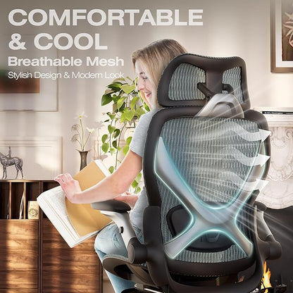ELABEST X100 Ergonomic Office Chair with Footrest, Big and Tall Home Desk Chair with 5D Flip-Up Arms, Adjustable 3D Lumbar Support,High Back Rolling Computer Chair, Swivel Mesh Chairs (Forest Ranger)