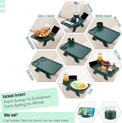 Nnewvante Couch Arm Table,3 in 1 Large 15.36"x9.85" Bamboo Sofa Arm Clip on TV Tray Table with 360°Rotated Phone/Cup Holder, Dark Green