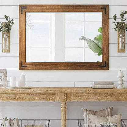 YOSHOOT Rustic Wooden Framed Wall Mirror, Natural Wood Bathroom Vanity Mirror for Farmhouse Decor, Vertical or Horizontal Hanging (40" x 26", Brown)