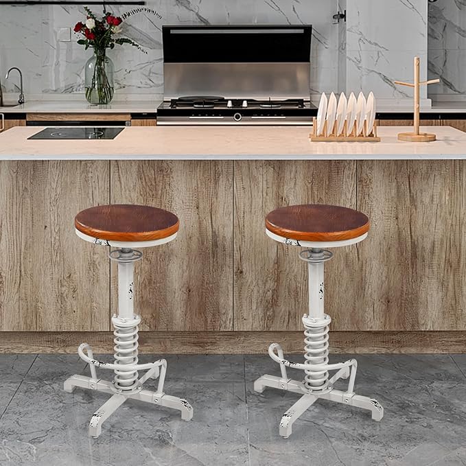 American Antique Steampunk Bar Stool 24.41"-28.35" Vintage Industrial Adjustable Swivel Backless Counter Stool for Home, Dining, Breakfast, Pub, (Heavy Duty Metal & Wood, Aged White, Brown Top)
