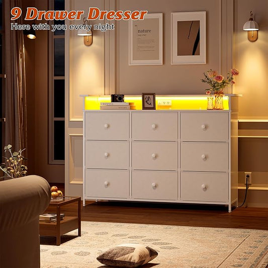 Nicehill 9 Drawer Dresser for Bedroom,Led Light White Dresser,TV Stand for Bedroom with Charging Station, Fabric Drawer Chests of Drawers for Hallway,Closet,Entryway