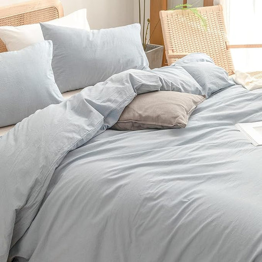 BESTOUCH Duvet Cover Set 100% Washed Cotton Linen Feel Super Soft Comfortable Chic Lightweight 3 PCs Home Bedding Set Solid Cornflower Blue Super King