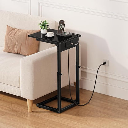Vagusicc C Shaped End Table with Charging Station, 33" Tall Side Table for Couch, C Table Adjustable Height Small Couch Side Tables, Slide Under Sofa Table TV Tray Tables for Living Room,Bedroom,Black