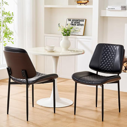 Dining Chairs Set of 6, Upholstered PU Leather Armless Chair, Mid Century Modern Dining Room Chairs, Retro Walnut Bentwood Kitchen Chair with Metal Legs and Adjustable Feet, Black