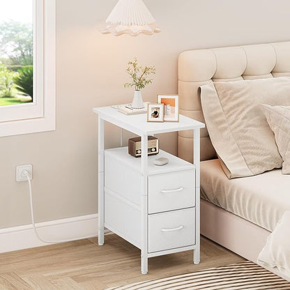 Vagusicc White End Table with Charging Station, Narrow Side Table, 23.8'' Tall Nightstand with 2 Fabric Drawers, Small Sofa Side Table Narrow Nightstand for Small Spaces, Living Room, Bedroom, White