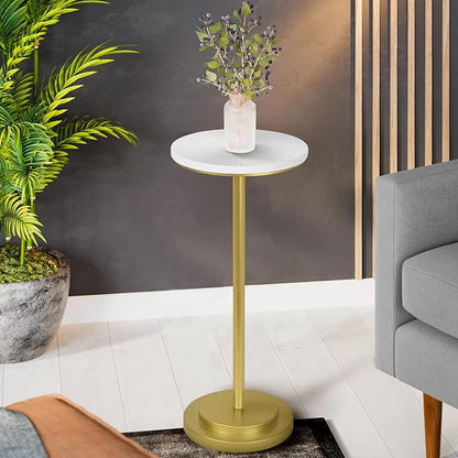 Drink Table, Carved Table Top Small Pdestal Martini SideTable for Living Room, Bedroom, Modern, Weighted Base, White and Gold