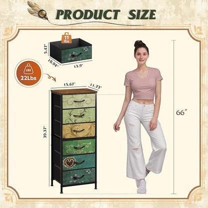 WLIVE Tall Dresser for Bedroom, 6 Drawer Dressers & Chests of Drawers, Fabric Dresser for Closet, Living Room, Night Stand with Metal Frame, Storage Tower with Fabric Bins, Wood Top, Floral Painted