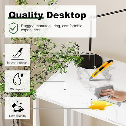 35 inch Folding Small Desk, Writing Gaming Computer Camping Desk for Small Spaces, No Assembly Required Home Office Table, White Marble