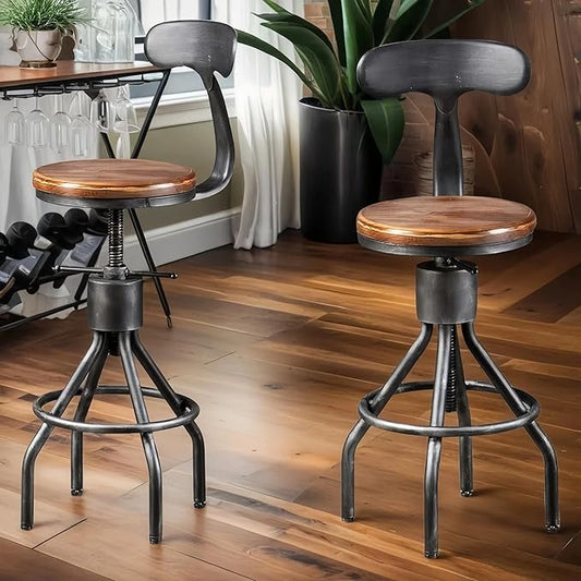 LOKKHAN Set of 2 Rustic Industrial Bar Stool-24-30 Adjustable Metal Swivel Wooden Top Barstools-Counter Height Extra Tall Bar Height-Vintage Farmhouse Kitchen Breakfast Cafe Stool-with Backrest