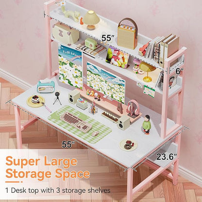 Aquzee Pink Desk with Hutch for Girls, 55in Computer Desk with Bookshelf for Teens Adults, Craft Table for Bedroom Kids Room, White Pink Study Table with Shelves for Storage