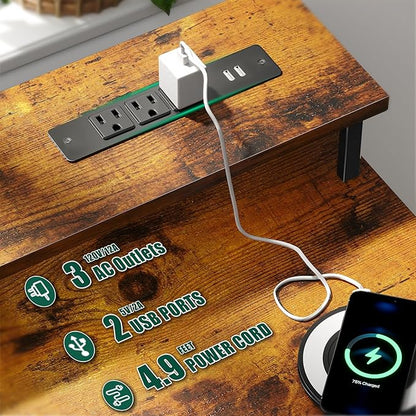 55 Inch Computer Gaming Desk with Power Outlets LED Lights, Reversible Home Office with Adjustable Fabric Storage Drawers for Working Writing Study, Rustic Brown