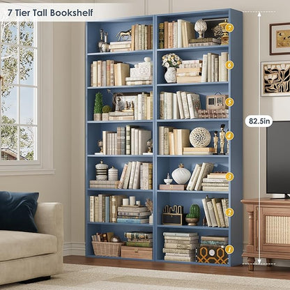 82" Tall Bookshelf, 7-Tier Open Shelves Bookcase, Freestanding Display Storage Shelves, Tall Bookcase Home Decor Furniture for Home Office, Living Room, Bedroom, Blue