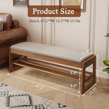 Shoe Rack Bench with Cotton-Linen Cushion 2-Tier Wooden Storage Bench 550lbs Compact Simple & Modern Design for Entryway, Hallway, Bedroom, Living Room, Closet, Front Door Entrance, Foyer