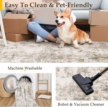 3x4 Washable Area Rug Brown Grey Neutral Abstract Entryway Kitchen Non Slip Low Pile Throw Rug Living Room Bedroom Indoor Doormat Small Soft Carpet for Entrance Bathroom