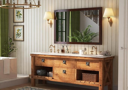 VocalStar Rustic Wood Framed Mirror 48 x 32 Inch, Natural Dark Brown Wooden Rectangle Bathroom Vanity Wall Mirror for Farmhouse Boho Decor, 1/4-inch Shatterproof Glass | Waterproof
