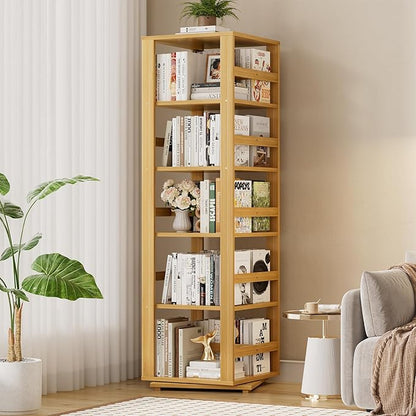 Homykic Rotating Bookshelf, Bamboo 360 Display Spinning Bookshelf Tower, 5-Tier Small Corner Bookcase for Small Spaces, Narrow Revolving Book Shelf Organizer Rack for Home Office, Natural