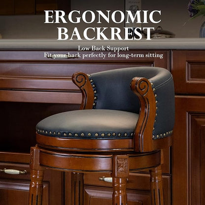 CozyRain Bar Stools Rubber Wood Counter Height Bar Stool Leather Upholstered Swivel Barstools with Back & Footrest for Home,Kitchen,Counter,Dining Room (Navy Blue, Seat Height 29.5 in)