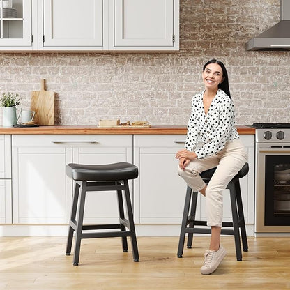 Counter Height Bar Stools Set of 3, 24 Inch Barstools for Kitchen Counter, Kitchen Stools with Faux Leather Saddle Seats & Heavy Duty Metal Legs, Easy Assembly, Forest Green