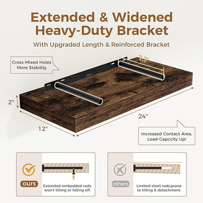 12 Inch Deep Floating Shelves, 24 x 12 Floating Shelf for Books, Rustic Wood Deep Wall Shelves for Home Storage & Display, 2" Thicked Shelves for Kitchen, Living Room, Bedroom, Rustic Brown, 2 Pack
