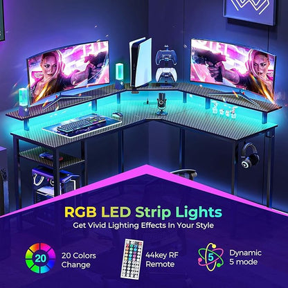 Rolanstar L Shaped Gaming Desk with LED Lights & Power Outlets, 46.2" Computer Desk with Full Monitor Stand & Storage Shelf, Corner Desk with Hooks, Carbon Fiber Desk Reversible