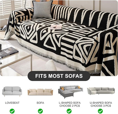 STACYPIK Boho Triangle Couch Cover for Dogs Non-Slip Sofa Cover for 3 Cushion Couch Sofa Beige Black Sectional Couch Cover Pet Furniture Protector Covers Reversible Anti Slip Loveseat Cover-91X134IN