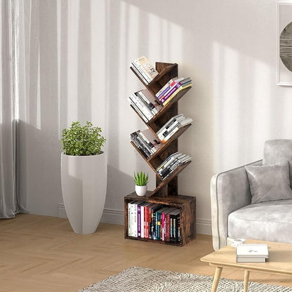 6 Tier Tree Bookshelf, Sturdy Retro Floor Standing Wood Bookcase, Storage Rack for Home Office, Living Room, Bedroom, Reading Spot, Heavy Book Organizer Shelves for CDs/DVDs/Movies