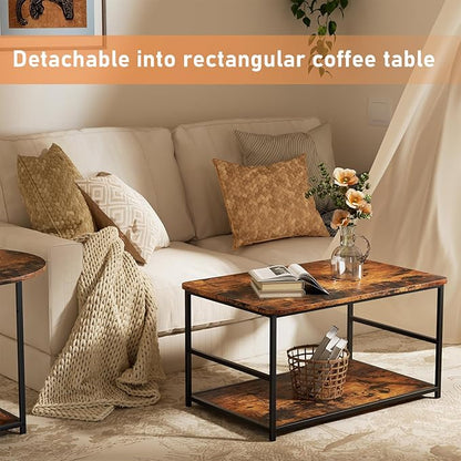 WOHOMO Coffee Table, Mid Century Modern Coffee Table for Living Room Rustic Farmhouse Center Table 2 in 1Detachable Table Set, Rustic Brown