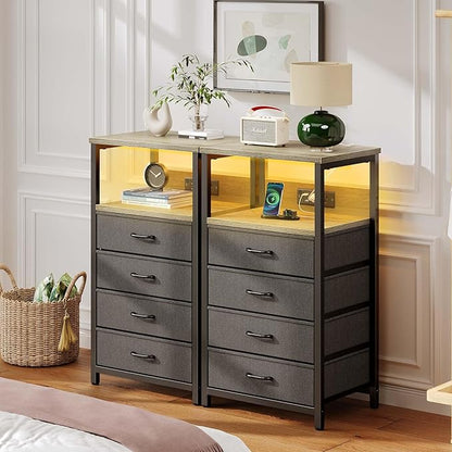 Seventable Night Stand with Charging Station, Tall Nightstand with 4 Fabric Storage Drawers, Side Table with LED Light for Bedroom, Entryway, Greige, Set of 2