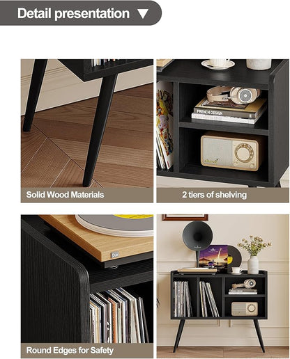 Record Player Stand with Vinyl Storage,Turntable Stand with Solid Wood Legs,Record Player Table Holds Up to 200 Albums,Vinyl Holder Storage Shelf for Bedroom Living Room,Black