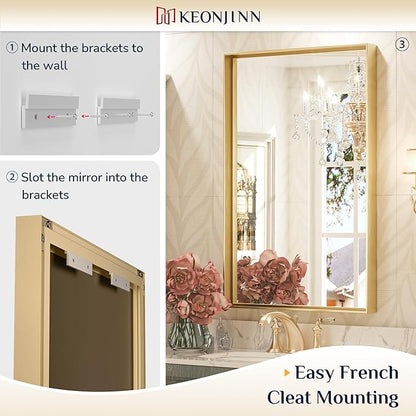 Keonjinn Brushed Gold Bathroom Mirror 42 x 36 Inch Metal Frame Rectangular Large Wall Mirror for Bathroom Sink Gold Vanity Mirror for Over Sink Aluminum Alloy Rectangle Mirror(Horizontal/Vertical)