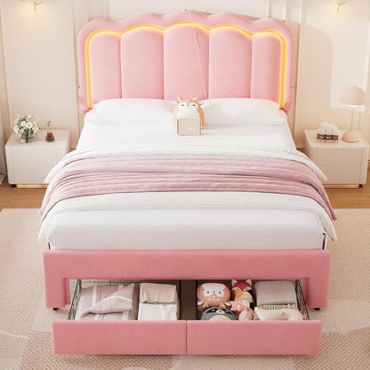 Full Upholstered LED Bed Frame with 2 Storage Drawers and Adjustable Chic Double Wavy Headboard, Velvet Princess Platform Bed with Charing Station, Solid Wood Slats Support,No Box Spring Needed, Pink