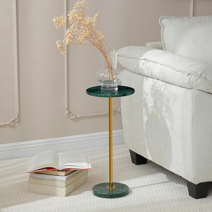Φ9.8-inch Marble Round Drink Table, Stone Finish Pedestal End Table for Living Room, Weighted Base Small Accent Side Table for Small Space - Emerald Green