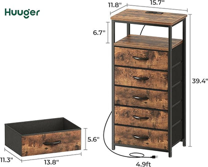 Huuger 5 Drawers Dresser with Charging Station, Set of 2, Dresser for Bedroom, Tall Night Stand, Chest of Drawers with Open Shelf, Bedside Table Nightstand, Fabric, Rustic Brown