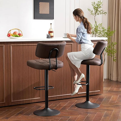 Furniliving Modern Bar Stools Set of 2 Faux Leather, Upholstered Swivel Barstools with Back, Adjustable Bar Chairs Counter Height for Kitchen Island, Dining Space, Brown