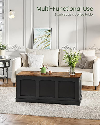 39.4" Storage Chest Bench with Lift Lid, Toy Chest with Safety Hinge, Entryway Shoe Bench, Wooden Storage Trunk, Holds up to 220 lb, for Living Room, Bedroom, Black and Rustic Brown MCW12BF