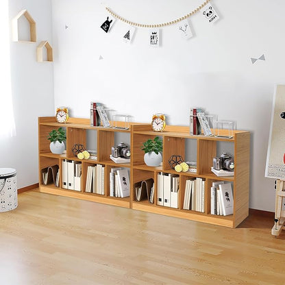 DOUSY- 7 Cube Bookshelf, Open Wooden Bookcase with Base, 2 Tier Cube Shelf Storage Organizer Shelf Display Rack Freestanding Horizontal Bookshelves for Bedroom, Living Room, Home Office