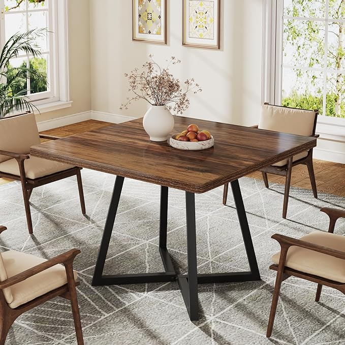 Tribesigns Square Dining Table for 6, 31.5" Industrial Dinner Table with Metal Base, Kitchen Table for Dining Room, Small Space, Apartment, Rustic Brown & Black