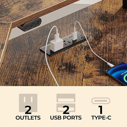 Rolanstar L Shaped Gaming Desk with LED Lights & Power Outlets, 46.2" Computer Desk with Full Monitor Stand & Storage Shelf, Corner Desk with Hooks, Rustic Brown Desk Reversible