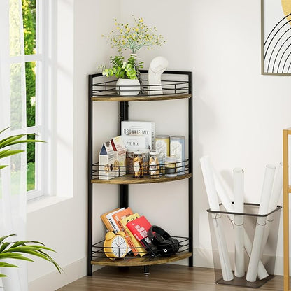 Bathroom Corner Shelf Stand, 3-Tier Small Corner Shelves, Triangular Curved Standing Bathroom Shelf Unit for Small Spaces, Ideal for Kitchen, Vanity Storage and Organization - Brown