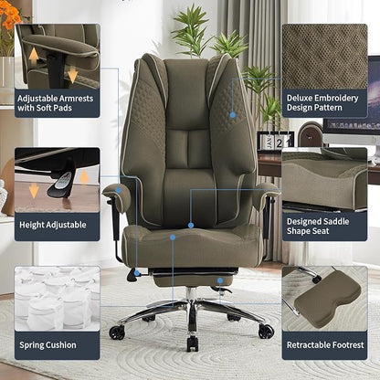 Big and Tall Office Chair 400lbs Wide Seat, Leather High Back Executive Office Chair with Foot Rest, Ergonomic Chairs Lumbar Support for Lower Back Pain Relief (Mesh Light Green)