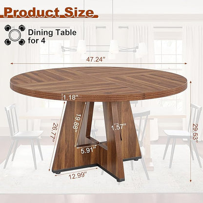 Round Dining Table for 4, 47 Inch Dinner Table Farmhouse Wooden Circle Kitchen Tables with Cross Base for Dining Room, Kitchen, Living Room, Vintage Brown